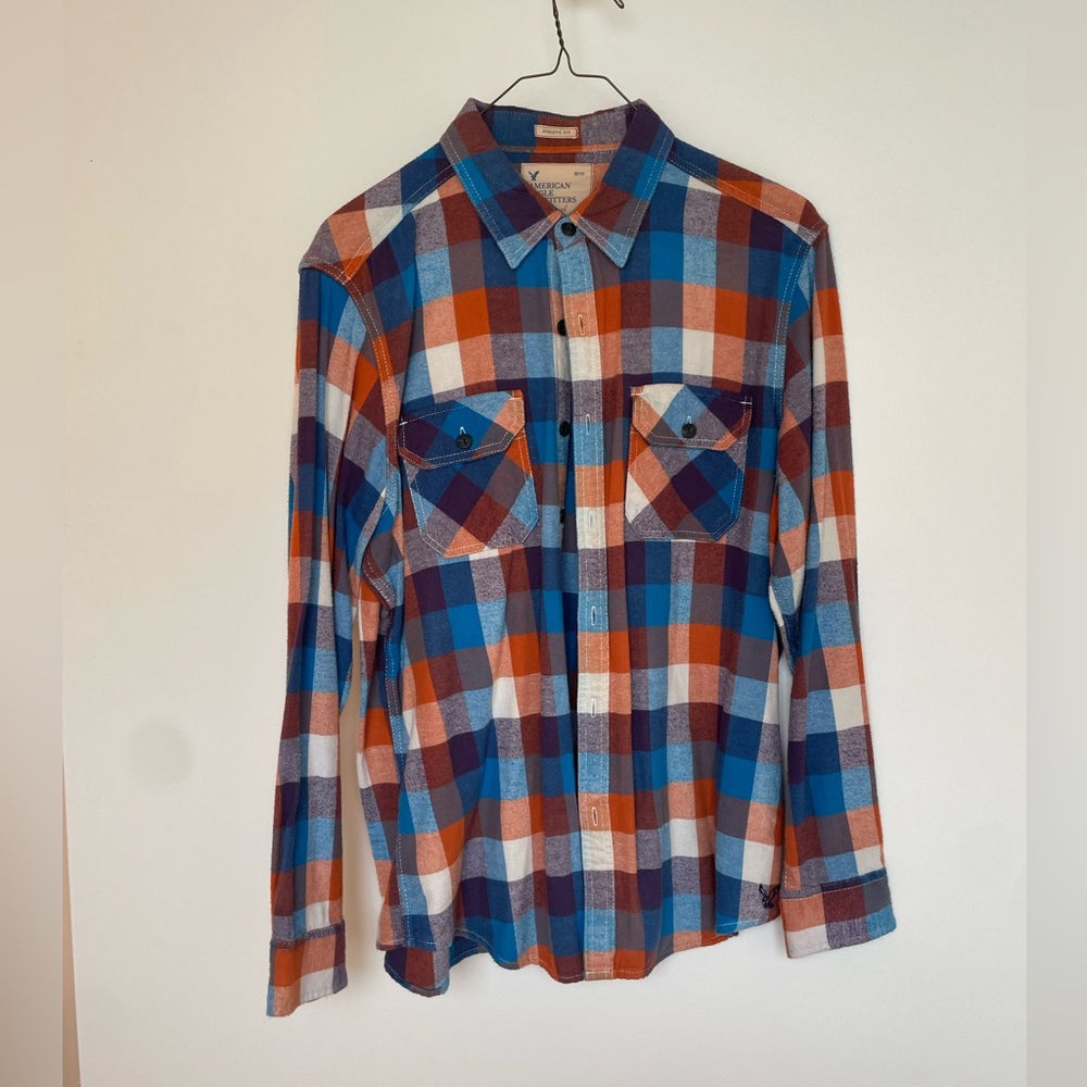 American eagle xl flannel Mens Plaid Button-Up Shirt - Blue & Orange